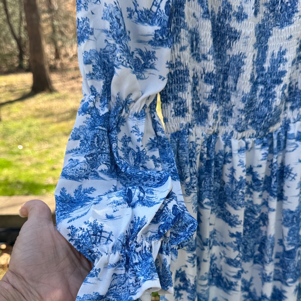 Blue and White Floral Toile Maxi Dress - Picture 7 of 9